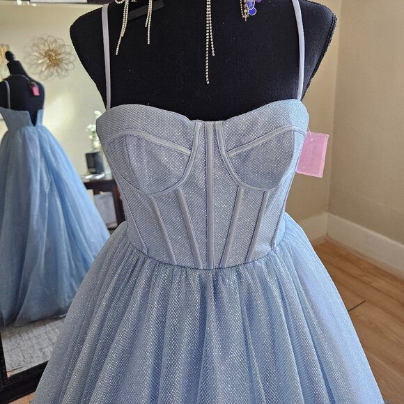 Size 0 light blue sparkle prom dress with corset look top and full ballgown - Picture 4 of 11